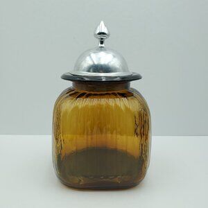 Amber Glass Apothecary Jar with Metal Lid Ribbed Amber Glass Lidded Canister